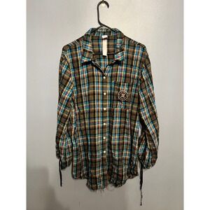 Savage X‎ Fenty Tied Up Tartan Plaid Oversized PJ Raw Hem Button Sleep Tee SZ XL